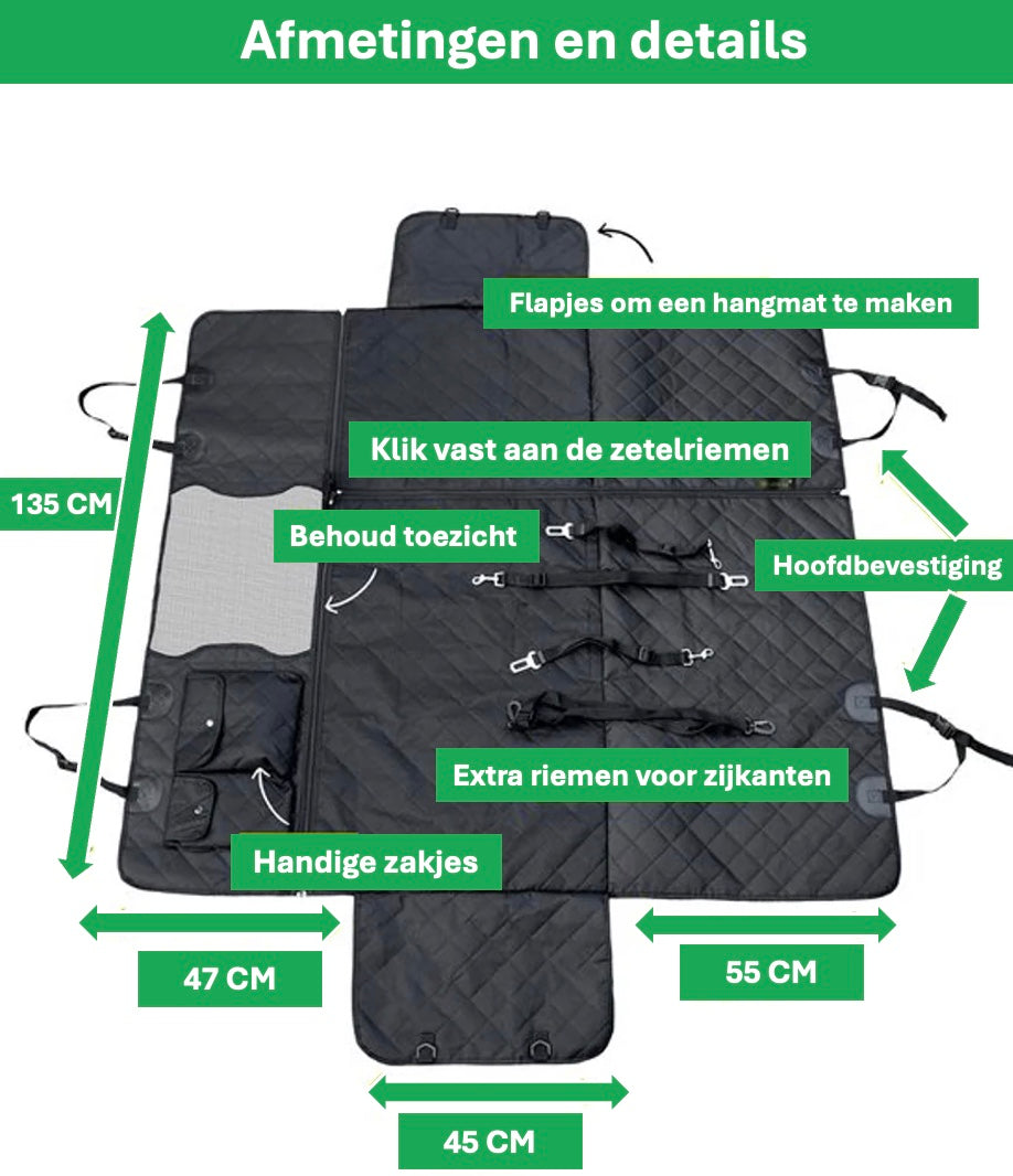 Afbeelding van de Unopets auto beschermhoes voor honden, met afmetingen, kenmerken en functionaliteiten. De afmetingen en kenmerken worden weergegeven met witte tekst in groene balkjes en groene pijltjes die de grootte van de hoes demonstreren.
