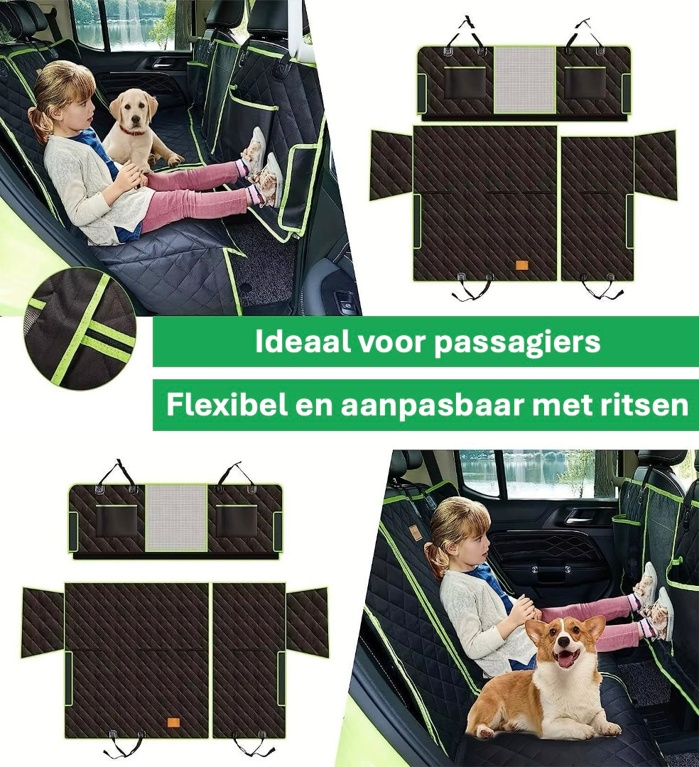 Een klein meisje en een hond zitten op de auto beschermhoes op de achterbank van een auto. De hoes is ontworpen met ritsen en afneembare kenmerken, waardoor het mogelijk is voor een passagier om comfortabel te zitten terwijl de hoes op de achterbank ligt.