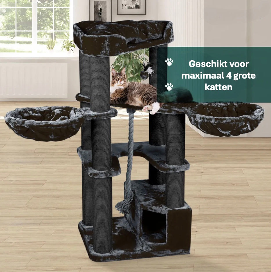 Vooraanzicht van de One Krabpaal in zwarte kleur met een kat in een binnenomgeving