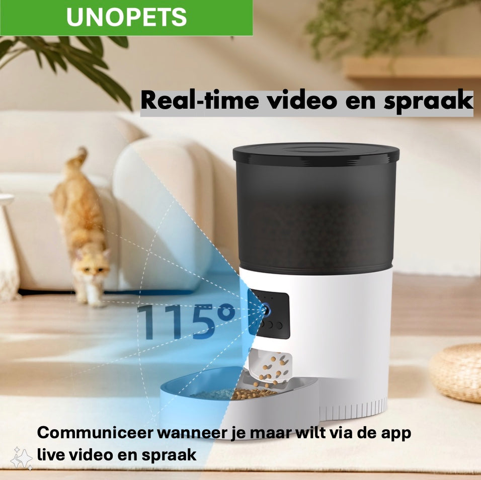 Een Unopets 3L Automatische Voerbak die de ingebouwde camera toont, waarmee je een helder zicht op je huisdier hebt en zorgt voor handig op afstand monitoren en voeren.