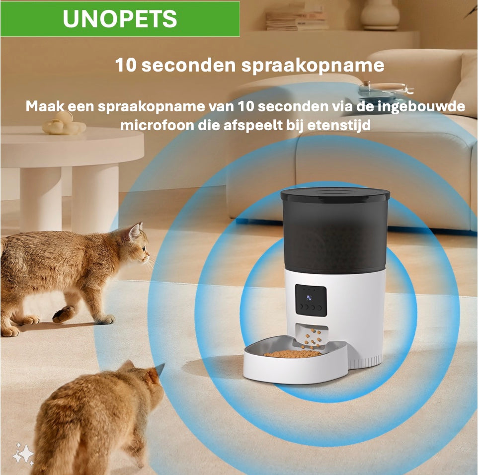 Een Unopets 3L Automatische Voerbak die de 10-seconden spraakopnamefunctie toont, waarmee je een gepersonaliseerde voedingsoproep kunt opnemen die bij de voertijd wordt afgespeeld via de ingebouwde microfoon