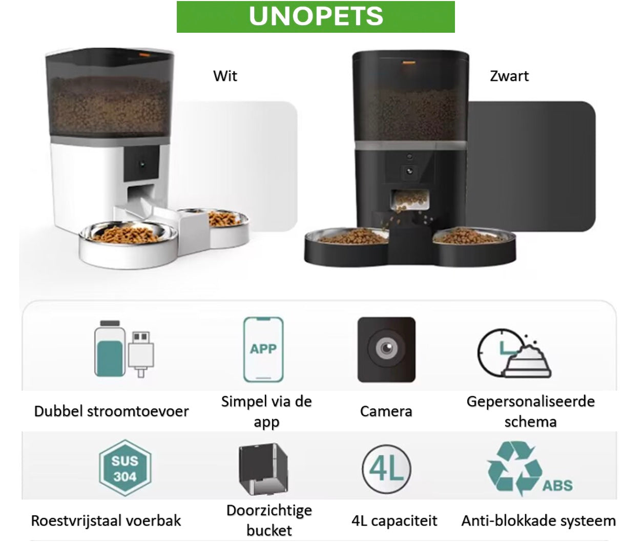 Een Unopets Dubbele 4L Automatische Voerbak in het wit, met de UNOPETS-app voor eenvoudige bediening, een ingebouwde camera voor monitoring en een persoonlijk voedingsschema. De voerbak heeft een capaciteit van 4L, een transparante emmer en een anti-blokkagesysteem.