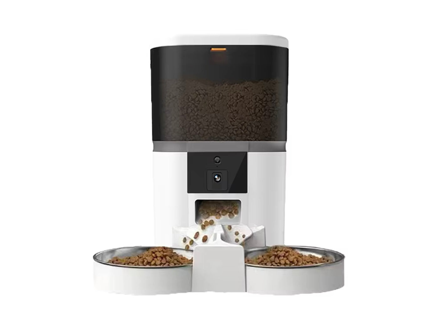 Een Dubbele 4L Automatische Voerbak met twee kommen voor voer en water, ontworpen voor het handige voeden van twee honden