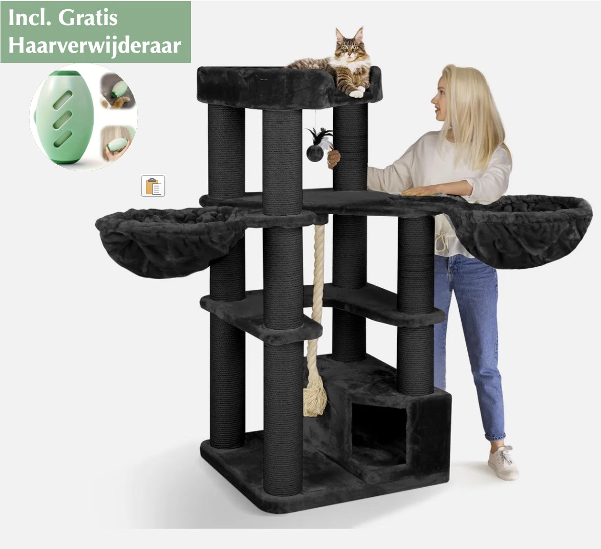 Vrouwen die naast De Fluwelen Toren in het zwart staan, met een kledingroller voor dierenharen