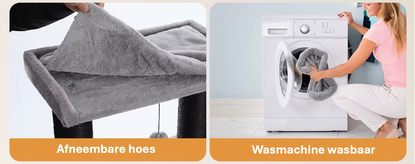 Maine Coon Speeltoren XXL toont zijn zachte pluche bekleding van de kattenbedden, die wasbaar is.