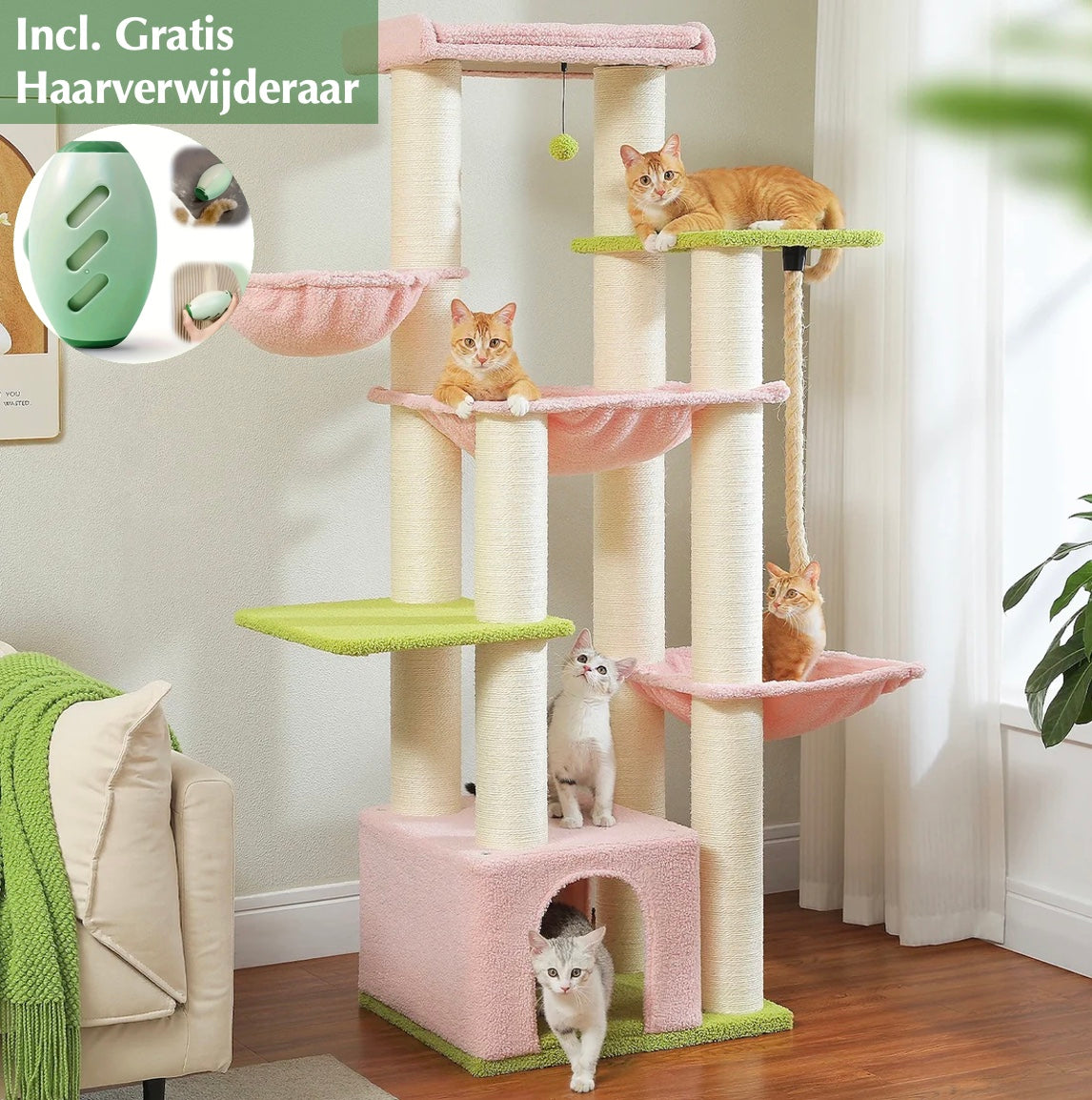 Maine Coon Speeltoren XXL in driekleurig design – roze, wit en appelgroen – met katten en voorzien van de dierenharenverwijderaar