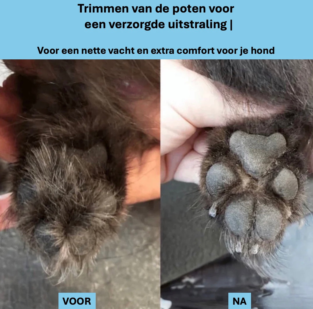 Een close-up van een hondenpoot met een duidelijke pootafdruk, die het verschil laat zien van voor en na het gebruik van de Unopets hondentondeuse.