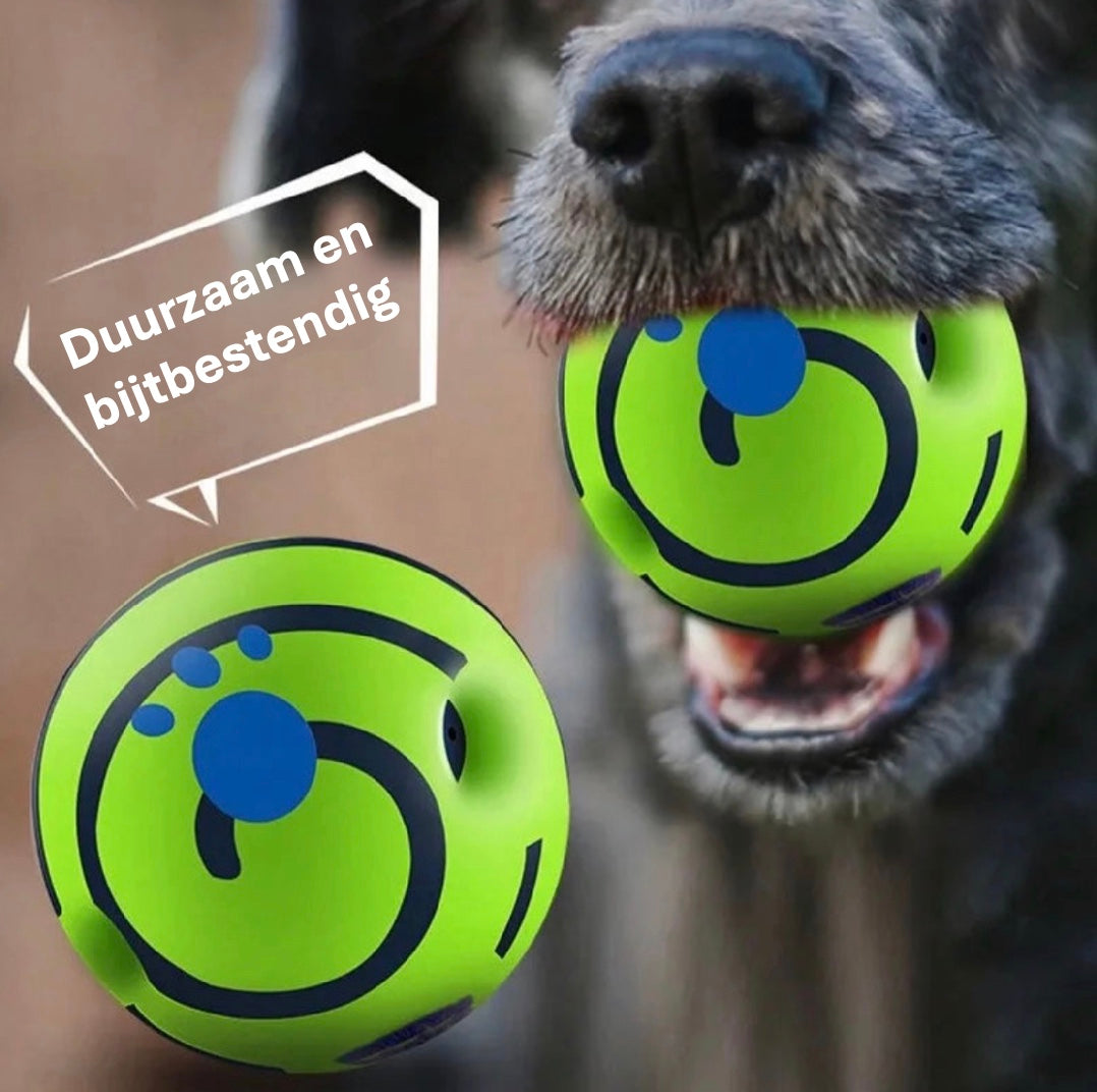 Hond houdt vrolijk een groene Magic Ball in zijn bek, de bal bewijst bestendig te zijn tegen bijten en is versierd met een blauwe pootafdruk.