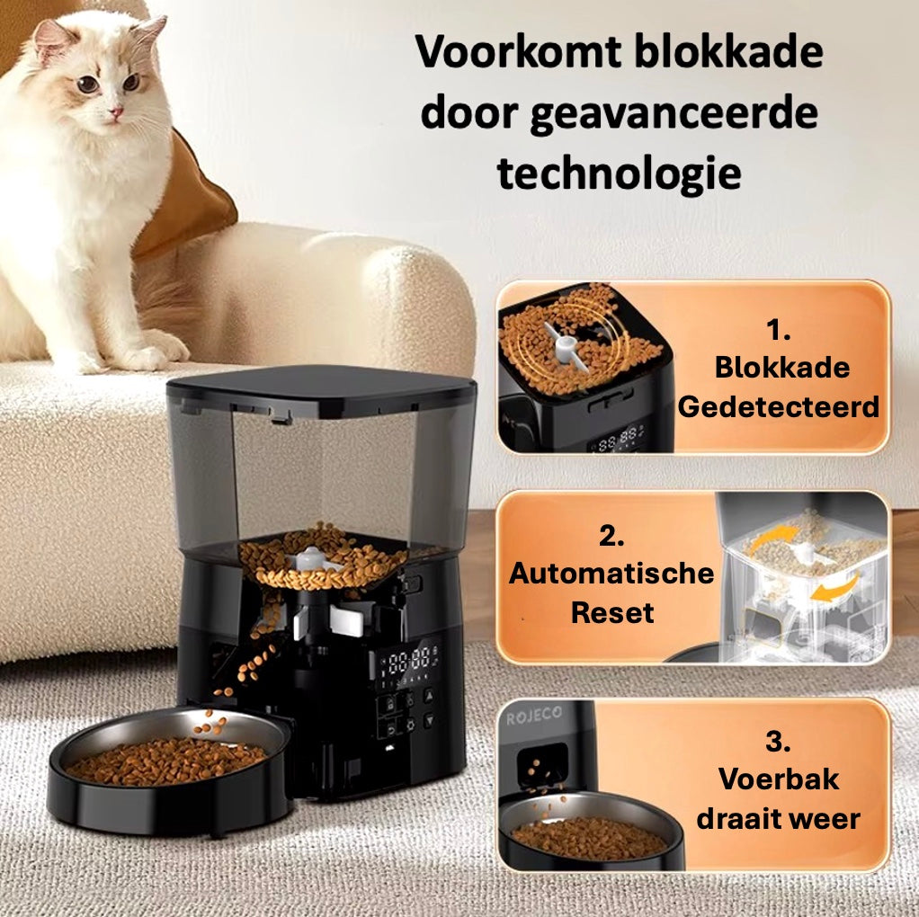 Een kat zit op een stoel naast een 2L Automatische Voerbak, ziet er tevreden en alert uit in een gezellige binnenomgeving. De geavanceerde technologie van de voerbak met een antiblokkeersysteem voorkomt verstoppingen, wat zorgt voor een soepele en consistente voedseltoevoer tijdens de maaltijd van je huisdier