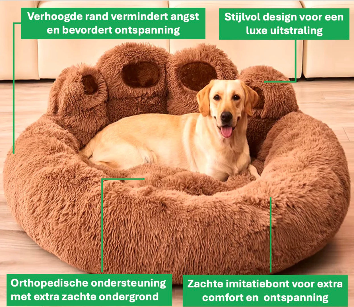 Een hond comfortabel rustend in een grote orthopedische hondenbed van Unopets in de vorm van een poot, waarbij de volgende details worden benadrukt:
1. Verhoogde rand vermindert angst en bevordert ontspanning
2. Orthopedische ondersteuning met extra zachte ondergrond
3. Zachte imitatiebont voor extra comfort en  ontspanning
4. Stijlvol design voor een luxe uitstraling