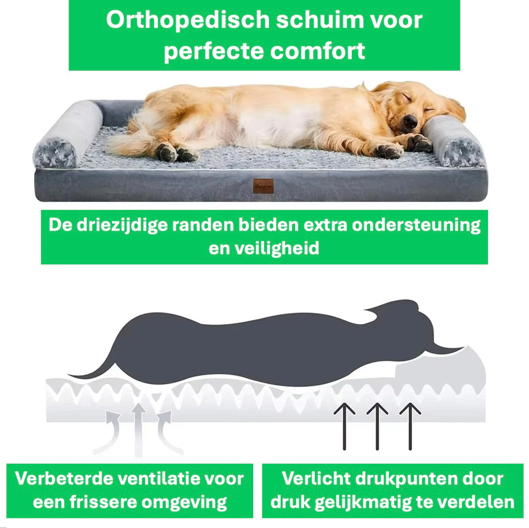 Golden Retriever rust op een grijs orthopedisch hondenbed, wat het uitstekende comfort benadrukt en waarom het perfect is voor grote honden.