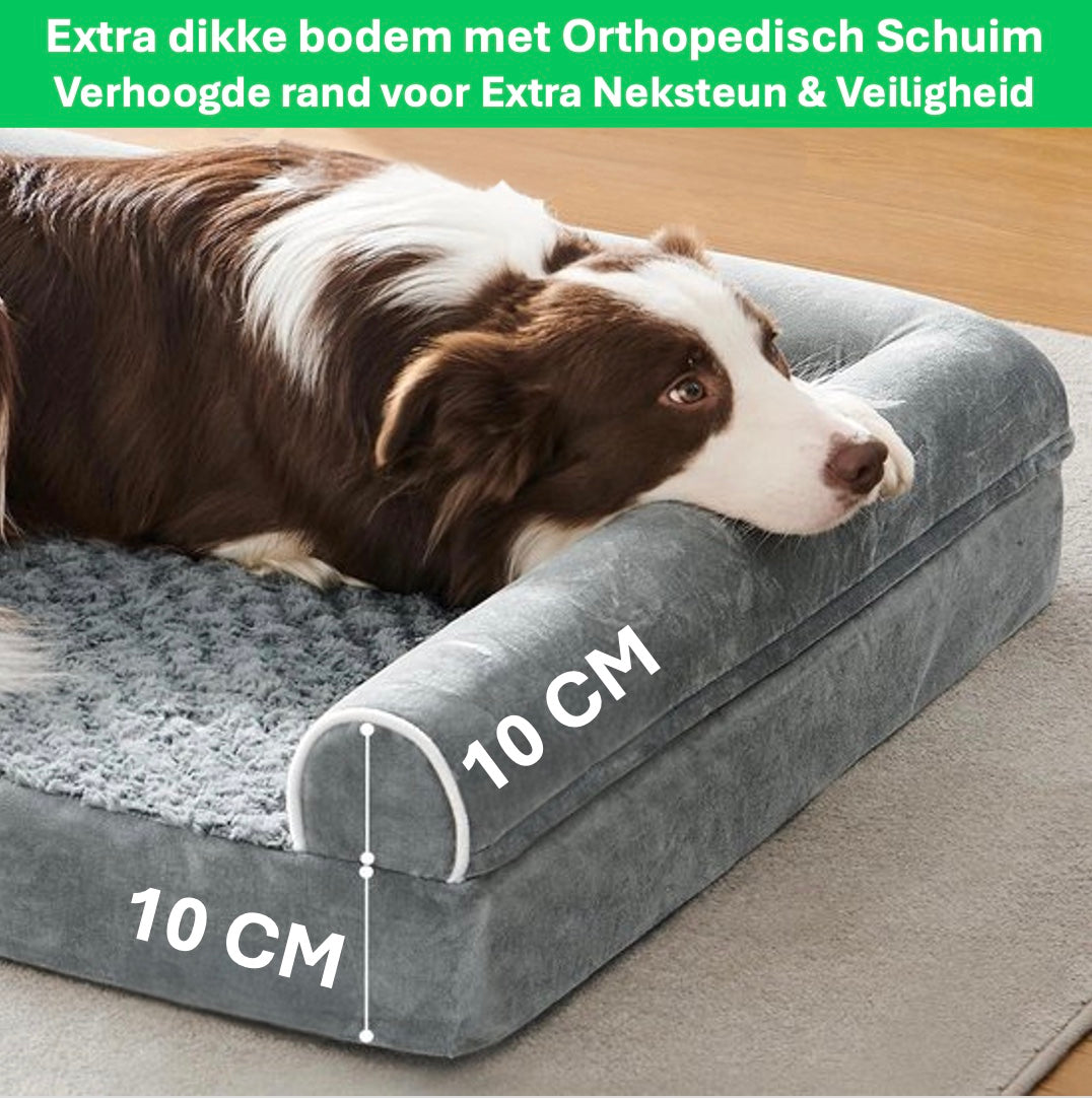 Hond ligt op een orthopedisch hondenbed, waarbij de grootte in centimeters wordt weergegeven voor extra comfort en ondersteuning