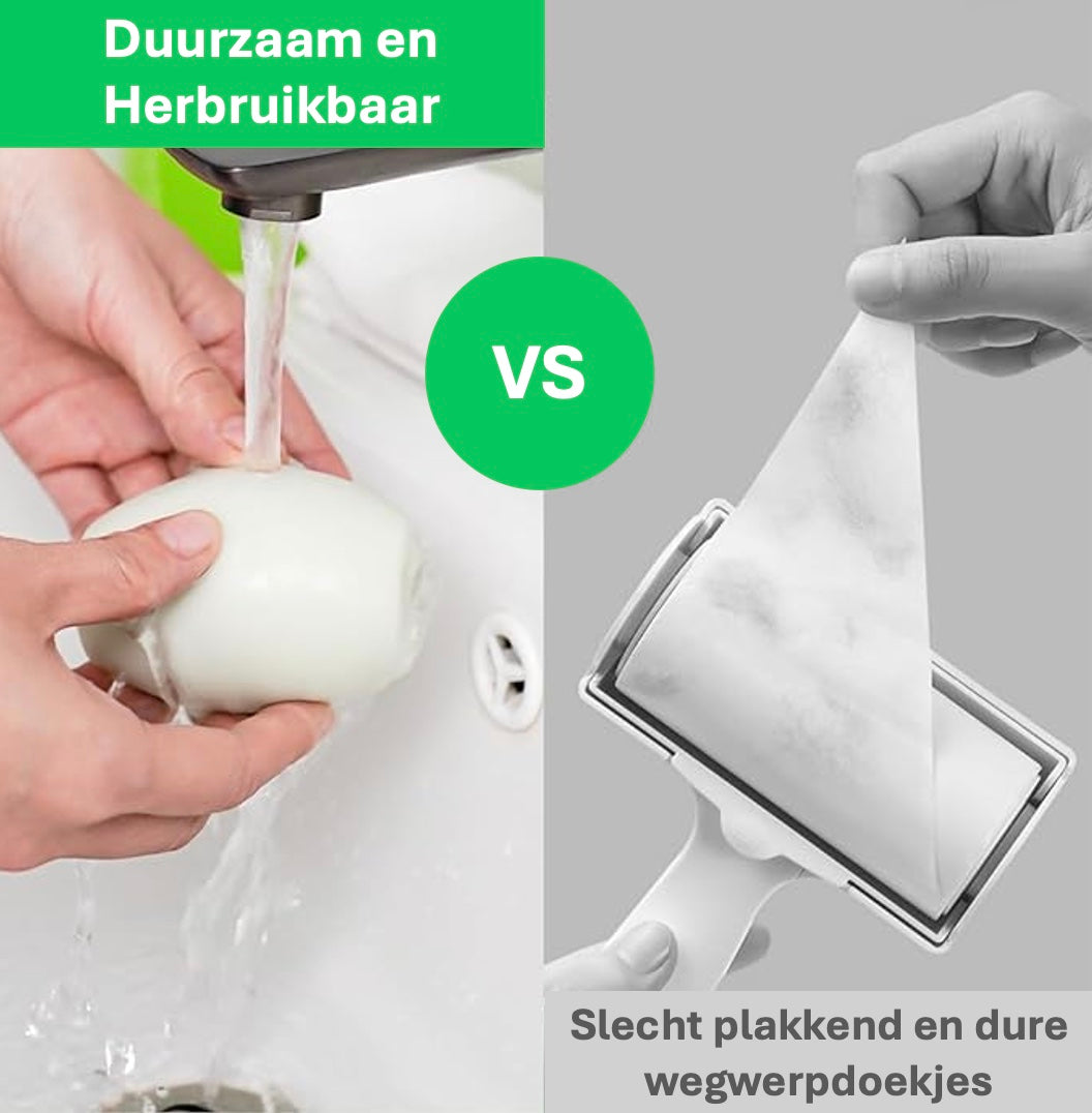 Een hand die een haarverwijderaar van kattenharen en hondenharen wast, waarbij de effectiviteit wordt gedemonstreerd in vergelijking met andere producten voor het schoonmaken van je meubels, kleding, stoffering en auto.