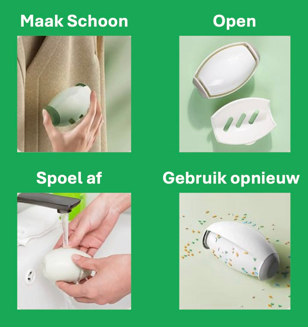 Een plaatje met instructies voor het gebruiken van de herbruikbare, duurzame lintroller voor het schoonmaken van haren van honden en katten op meubels, kleding, tapijten en nog veel meer.