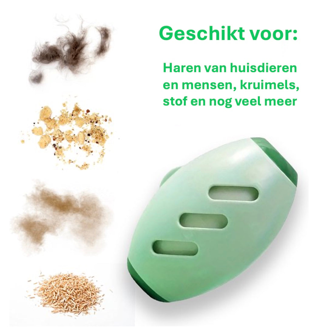 Een groene, plakkerige lintroller voor huisdieren wordt vertoond naast een witte achtergrond waarbij staat geschreven dat de sticky roller geschikt is voor haren van huisdieren en mensen, kruimels, stof en nog veel meer.