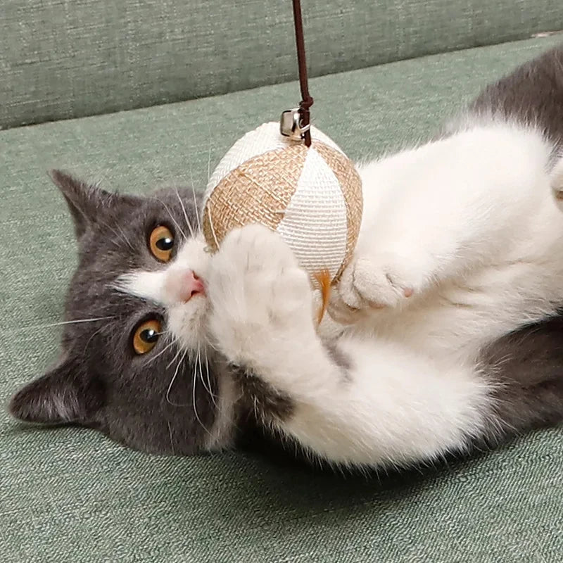 Een kat speelt vrolijk met de Klassieke Speelhengel—een charmant houten speeltje versierd met levendige veren die de speelse nieuwsgierigheid van de kat aanwakkeren.