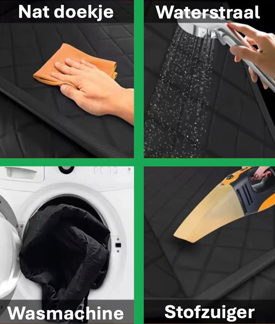 De afbeelding toont de Unopets hondenhoes voor auto's, die wordt gepresenteerd met verschillende schoonmaakopties. Er worden natte doekjes, een waterstraal, een stofzuiger, een wasmachine en een multifunctioneel schoonmaakmiddel getoond als mogelijke manieren om de hoes te reinigen.