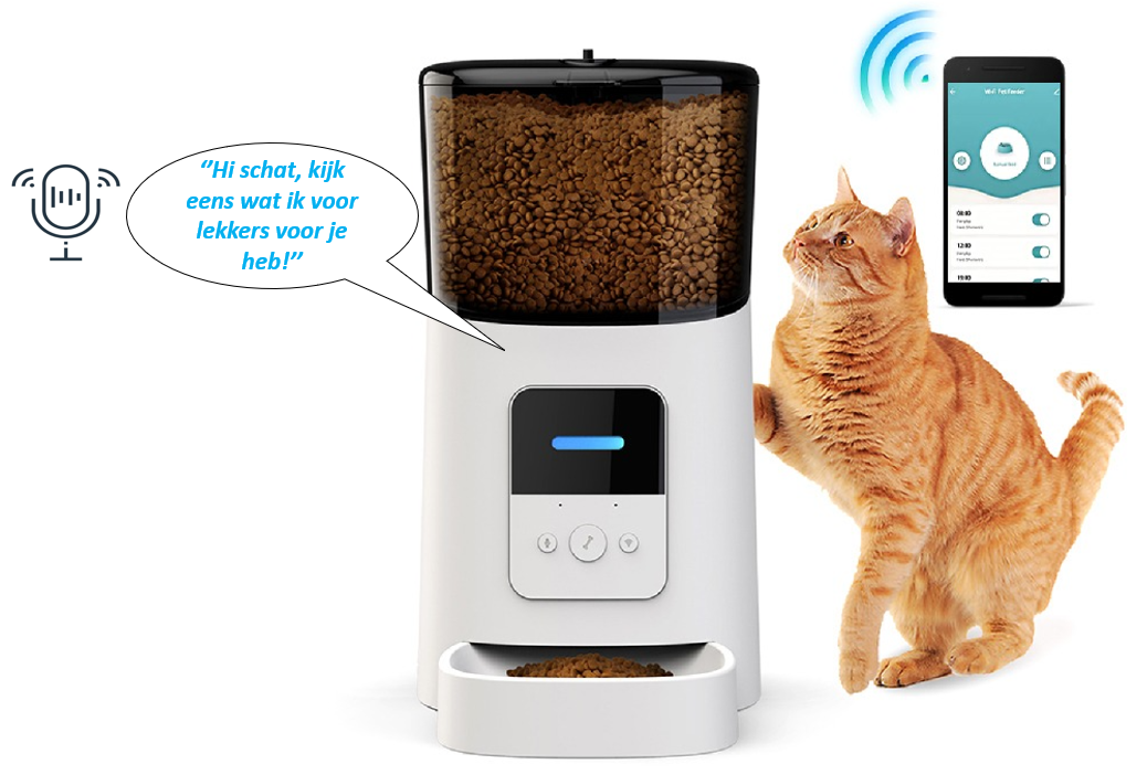 Een kat staat naast een Automatische voerbak voor kat & hond, klaar voor zijn maaltijd met het automatische voersysteem in werking