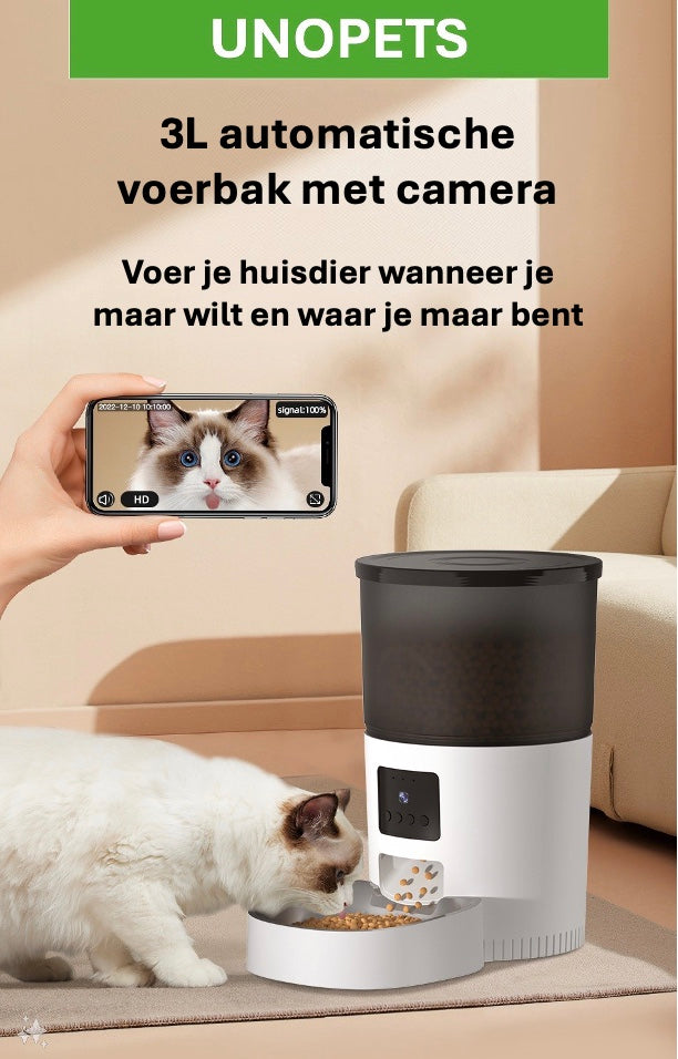 Een kat eet uit een Unopets 3L Automatische Voerbak, waarbij de 3-liter capaciteit en de ingebouwde camera worden getoond voor het gemak van de huisdierbezitter