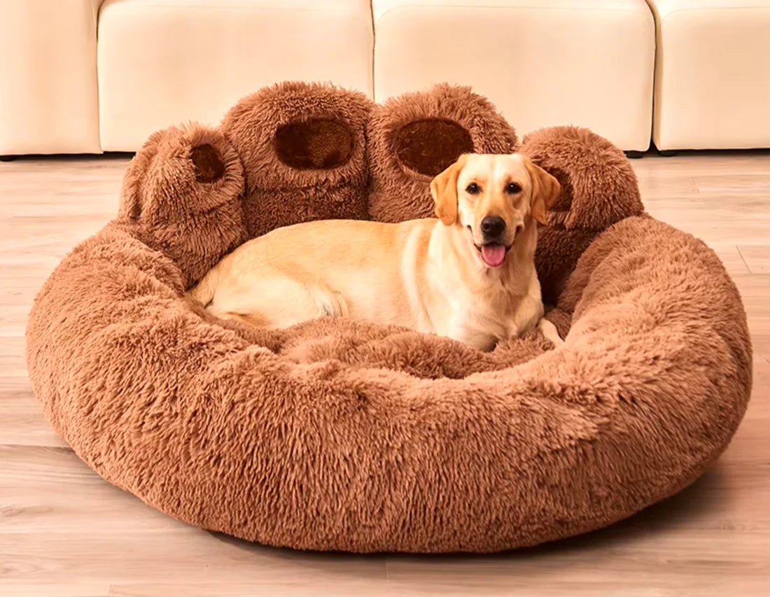 Een hond comfortabel liggend in een bruine orthopedische, fluffy hondenmand van Unopets.