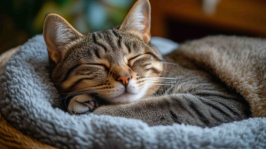 Kat die in slaap valt op een zacht kattenbed met een bruine deken