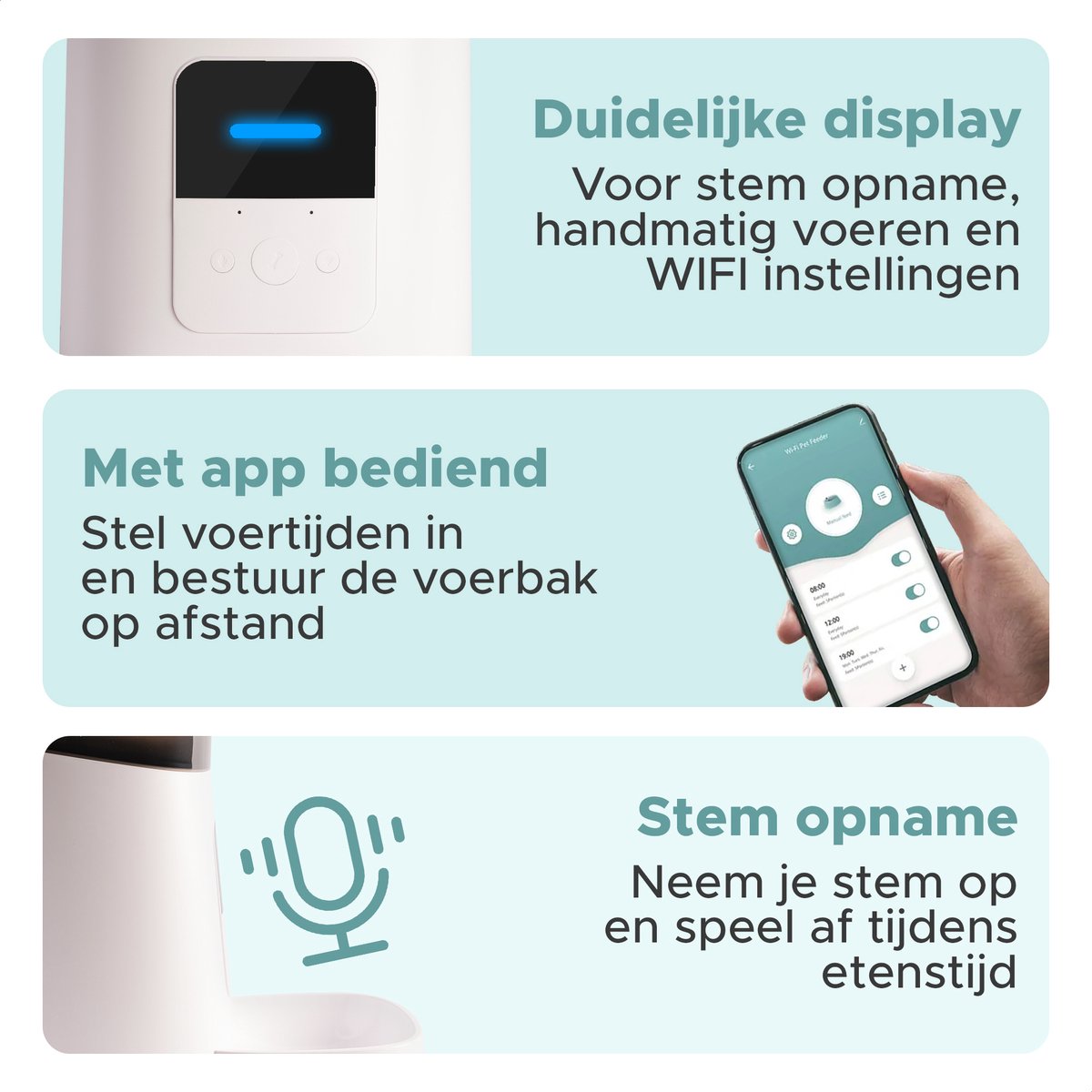 Slimme automatische voerbak voor katten en honden met 6 liter capaciteit. Ideaal voor drukke gezinnen met instelbare 15 maaltijden per dag. Bevat spraakopnamefunctie voor persoonlijke aanspraak. Gebruiksvriendelijke app voor het aanpassen van tot 50 porties per dag. Luchtdichte afsluiting voor vers voer, met noodbatterij voor voedselzekerheid. Smartfuncties werken op 2,4 GHz, geschikt voor droogvoer tot 15 mm. Afmetingen: 19,5x35,7x32,1 cm, gewicht: 2,1 kg. Geschikt voor alle huisdieren, inclusief kittens.