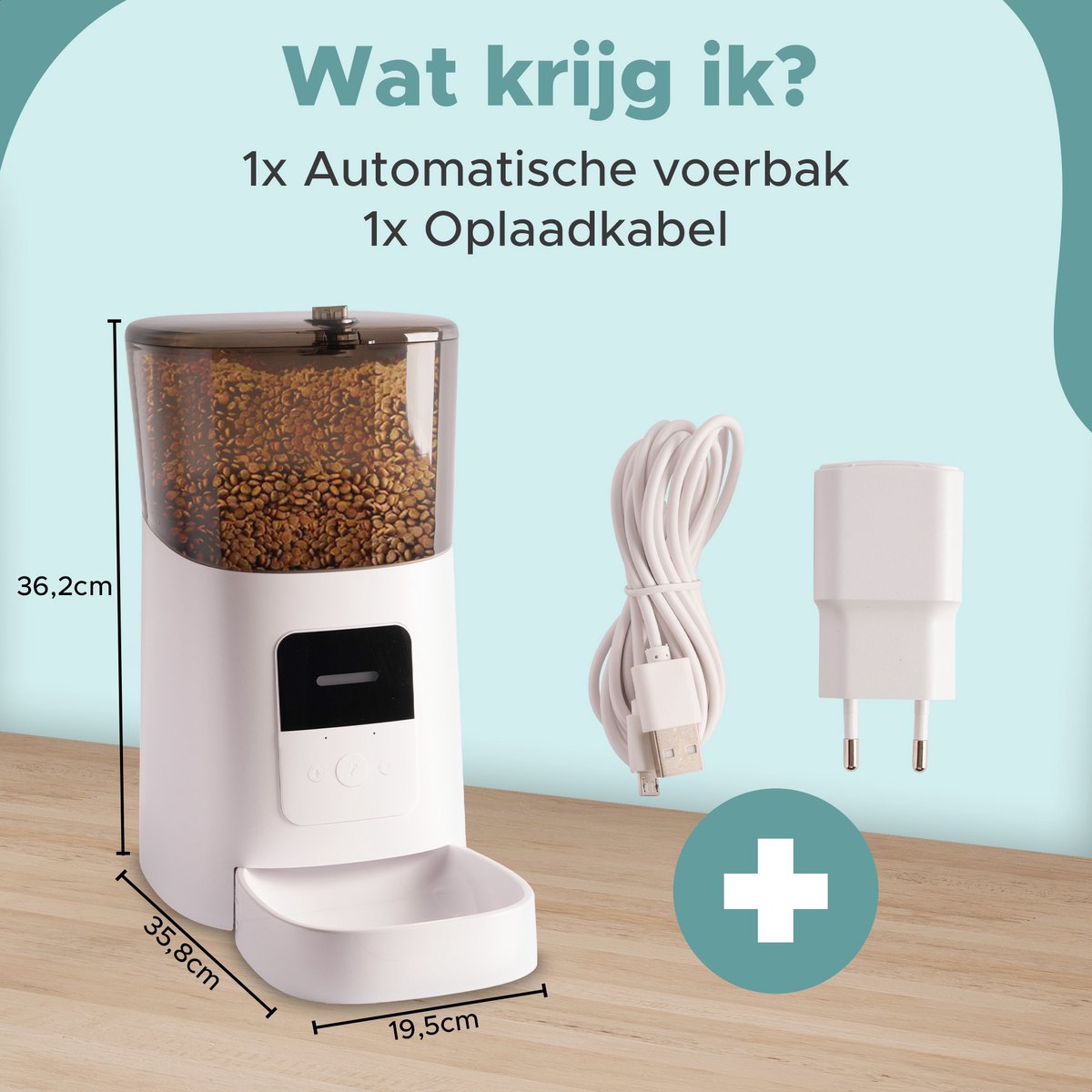 Slimme automatische voerbak voor katten en honden met 6 liter capaciteit. Ideaal voor drukke gezinnen met instelbare 15 maaltijden per dag. Bevat spraakopnamefunctie voor persoonlijke aanspraak. Gebruiksvriendelijke app voor het aanpassen van tot 50 porties per dag. Luchtdichte afsluiting voor vers voer, met noodbatterij voor voedselzekerheid. Smartfuncties werken op 2,4 GHz, geschikt voor droogvoer tot 15 mm. Afmetingen: 19,5x35,7x32,1 cm, gewicht: 2,1 kg. Geschikt voor alle huisdieren, inclusief kittens.