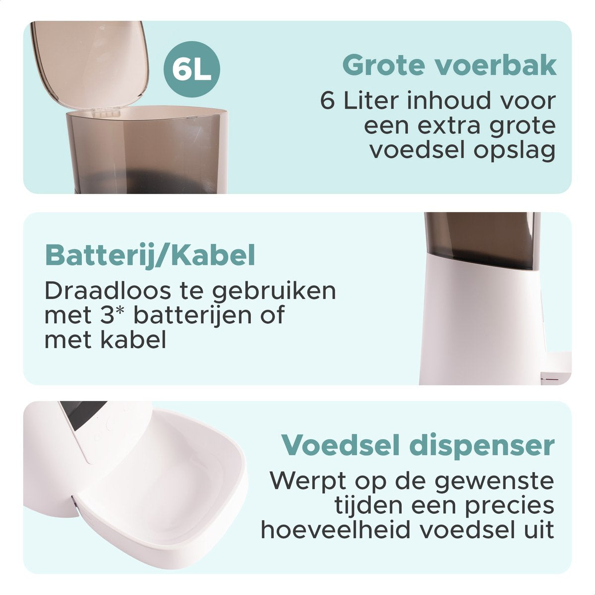 Slimme automatische voerbak voor katten en honden met 6 liter capaciteit. Ideaal voor drukke gezinnen met instelbare 15 maaltijden per dag. Bevat spraakopnamefunctie voor persoonlijke aanspraak. Gebruiksvriendelijke app voor het aanpassen van tot 50 porties per dag. Luchtdichte afsluiting voor vers voer, met noodbatterij voor voedselzekerheid. Smartfuncties werken op 2,4 GHz, geschikt voor droogvoer tot 15 mm. Afmetingen: 19,5x35,7x32,1 cm, gewicht: 2,1 kg. Geschikt voor alle huisdieren, inclusief kittens.