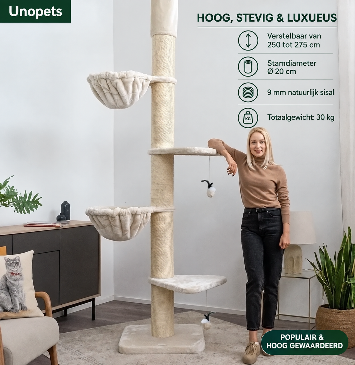 Felino Krabpaal – Het Paradijs voor Katten – Verstelbaar tot 275 cm – Ø 20 cm Sisalpalen - Unopets  - Beste producten voor honden en katten
