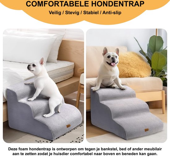 Anti-slip huisdieren trap voor honden en katten, ideaal voor oudere of minder mobiele dieren. Maakt het makkelijk om de bank en het bed te bereiken. Bekleed met corduroy voor grip en heeft een antislip onderkant voor stabiliteit. Gemaakt van duurzaam sponsmateriaal met afneembare, machinewasbare hoes. Boogontwerp beschermt gewrichten en ondersteunt tot 80 kg. Afmetingen: 60x33x30 cm, kleuren: grijs en zwart.