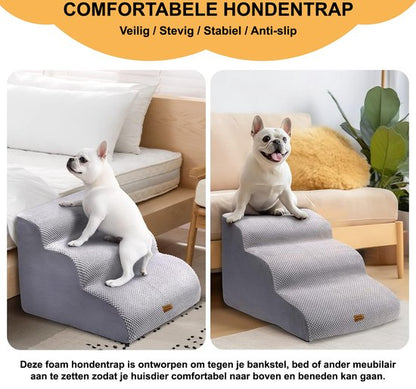 Anti-slip huisdieren trap voor honden en katten, ideaal voor oudere of minder mobiele dieren. Maakt het makkelijk om de bank en het bed te bereiken. Bekleed met corduroy voor grip en heeft een antislip onderkant voor stabiliteit. Gemaakt van duurzaam sponsmateriaal met afneembare, machinewasbare hoes. Boogontwerp beschermt gewrichten en ondersteunt tot 80 kg. Afmetingen: 60x33x30 cm, kleuren: grijs en zwart.