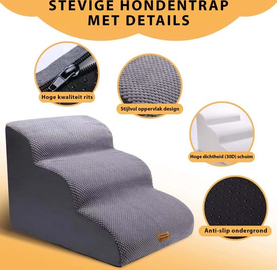 Anti-slip huisdieren trap voor honden en katten, ideaal voor oudere of minder mobiele dieren. Maakt het makkelijk om de bank en het bed te bereiken. Bekleed met corduroy voor grip en heeft een antislip onderkant voor stabiliteit. Gemaakt van duurzaam sponsmateriaal met afneembare, machinewasbare hoes. Boogontwerp beschermt gewrichten en ondersteunt tot 80 kg. Afmetingen: 60x33x30 cm, kleuren: grijs en zwart.