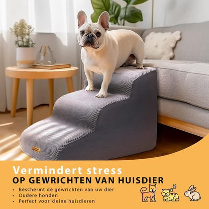 Anti-slip huisdieren trap voor honden en katten, ideaal voor oudere of minder mobiele dieren. Maakt het makkelijk om de bank en het bed te bereiken. Bekleed met corduroy voor grip en heeft een antislip onderkant voor stabiliteit. Gemaakt van duurzaam sponsmateriaal met afneembare, machinewasbare hoes. Boogontwerp beschermt gewrichten en ondersteunt tot 80 kg. Afmetingen: 60x33x30 cm, kleuren: grijs en zwart.