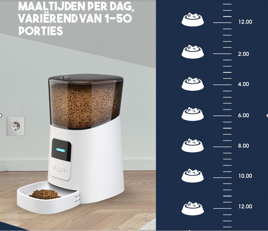 Slimme automatische voerbak voor katten en honden met 6 liter capaciteit. Ideaal voor drukke gezinnen met instelbare 15 maaltijden per dag. Bevat spraakopnamefunctie voor persoonlijke aanspraak. Gebruiksvriendelijke app voor het aanpassen van tot 50 porties per dag. Luchtdichte afsluiting voor vers voer, met noodbatterij voor voedselzekerheid. Smartfuncties werken op 2,4 GHz, geschikt voor droogvoer tot 15 mm. Afmetingen: 19,5x35,7x32,1 cm, gewicht: 2,1 kg. Geschikt voor alle huisdieren, inclusief kittens.