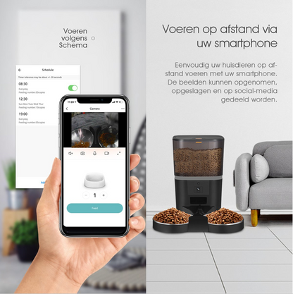 Ontdek de slimme 2-splitter voerbak met HD-camera en spraakfunctie! Perfect voor meerdere huisdieren, met dubbele capaciteit en flexibele maaltijdinstellingen tot 20 maaltijden en 99 porties. Blijf verbonden met je huisdieren via de ingebouwde camera. Energiezuinig ontwerp, stijlvol en eenvoudig in gebruik!