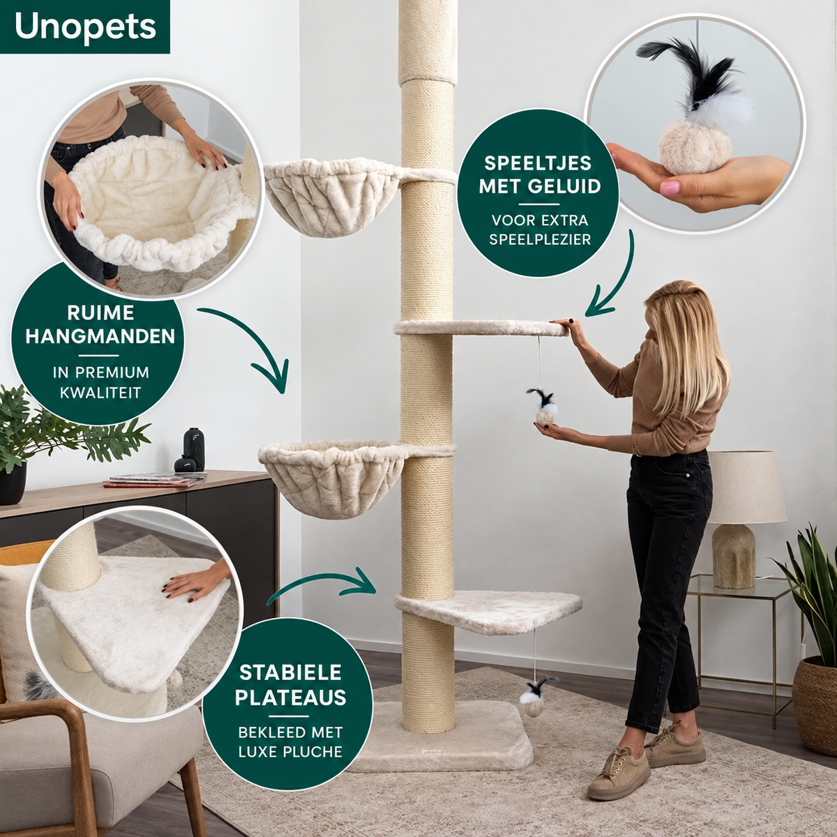 Felino Krabpaal – Het Paradijs voor Katten – Verstelbaar tot 275 cm – Ø 20 cm Sisalpalen - Unopets  - Beste producten voor honden en katten