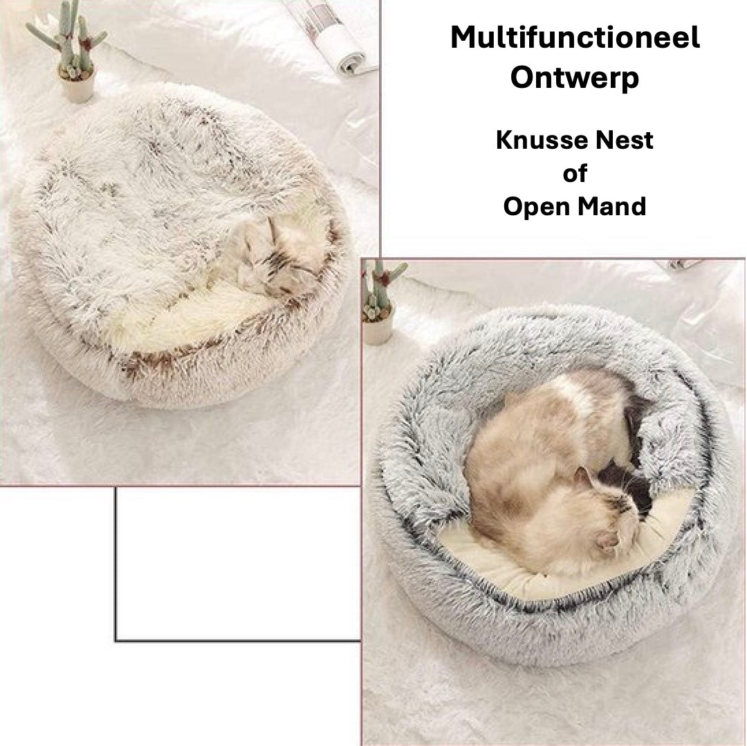 Op twee foto's zie je een kat opgekruld en vredig slapen in het Unopets slaapnest, een knusse mand van zacht pluche voor katten en honden, ontworpen om huisdieren ultiem comfort te bieden.