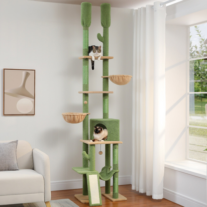 De Multifunctionele Double Fun Speeltoren biedt katten een speelparadijs met 2 krabpalen, 6 verdiepingen en een hangmat. Met een verstelbare hoogte van 216 tot 285 cm en 100% natuurlijk sisal is deze veilige en stevige toren perfect voor klimmen en krabben.