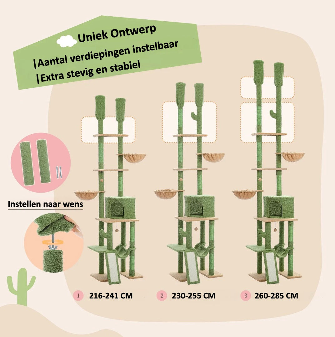 De Multifunctionele Double Fun Speeltoren biedt katten een speelparadijs met 2 krabpalen, 6 verdiepingen en een hangmat. Met een verstelbare hoogte van 216 tot 285 cm en 100% natuurlijk sisal is deze veilige en stevige toren perfect voor klimmen en krabben.