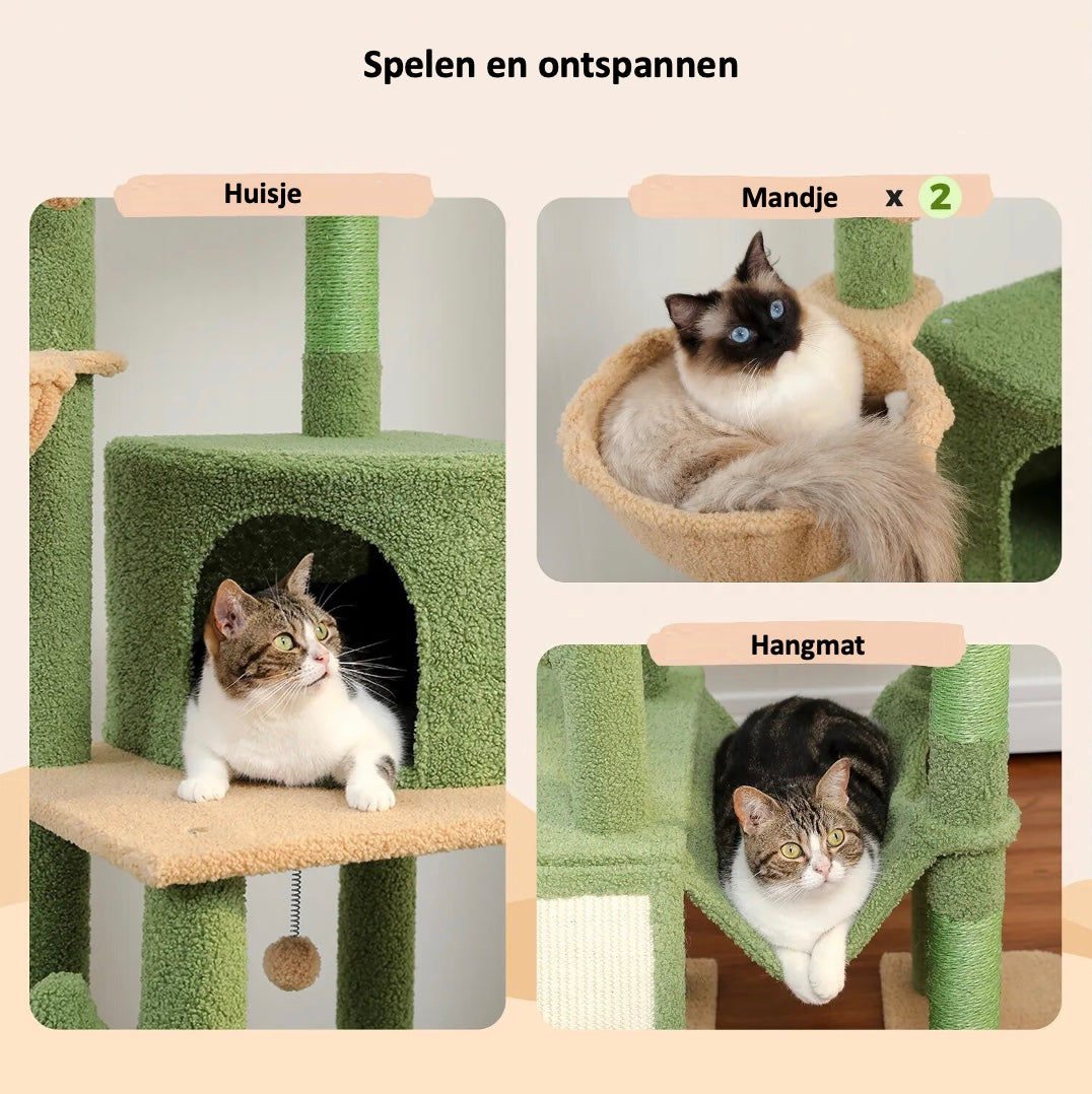 De Multifunctionele Double Fun Speeltoren biedt katten een speelparadijs met 2 krabpalen, 6 verdiepingen en een hangmat. Met een verstelbare hoogte van 216 tot 285 cm en 100% natuurlijk sisal is deze veilige en stevige toren perfect voor klimmen en krabben.