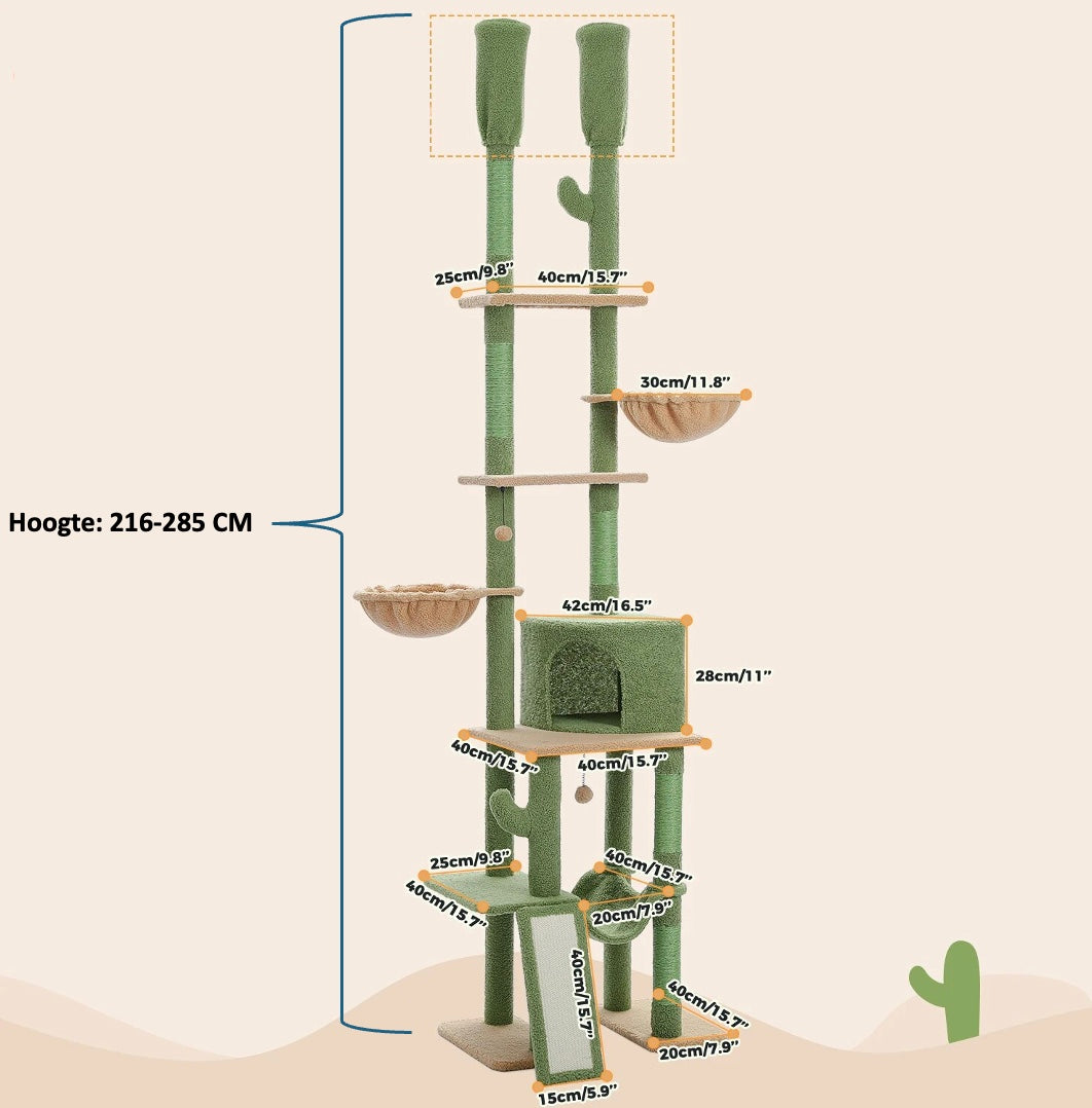 De Multifunctionele Double Fun Speeltoren biedt katten een speelparadijs met 2 krabpalen, 6 verdiepingen en een hangmat. Met een verstelbare hoogte van 216 tot 285 cm en 100% natuurlijk sisal is deze veilige en stevige toren perfect voor klimmen en krabben.