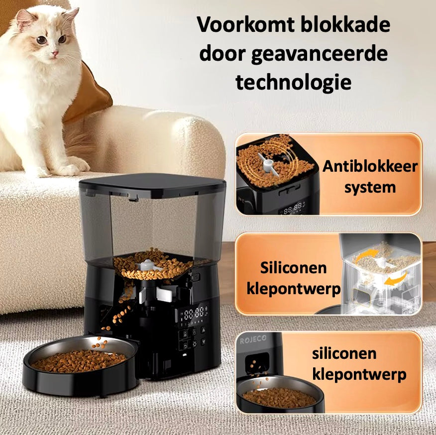 Automatische voerbak voor huisdieren met 2L capaciteit, geschikt voor 6 maaltijden en 16 porties. Ideaal voor katten en kleine honden. Voorzien van LED-indicator voor voer- en batterijstatus, vergrendelknop voor veiligheid, flexibel voedingsschema en roestvrijstalen kom voor hygiëne. Werkt op batterijen voor constante voeding, perfect voor drukke levensstijlen en vakanties.