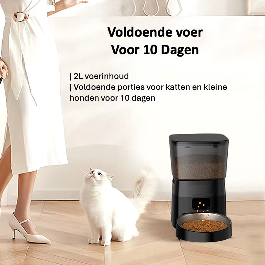 Automatische voerbak voor huisdieren met 2L capaciteit, geschikt voor 6 maaltijden en 16 porties. Ideaal voor katten en kleine honden. Voorzien van LED-indicator voor voer- en batterijstatus, vergrendelknop voor veiligheid, flexibel voedingsschema en roestvrijstalen kom voor hygiëne. Werkt op batterijen voor constante voeding, perfect voor drukke levensstijlen en vakanties.