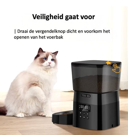 Automatische voerbak voor huisdieren met 2L capaciteit, geschikt voor 6 maaltijden en 16 porties. Ideaal voor katten en kleine honden. Voorzien van LED-indicator voor voer- en batterijstatus, vergrendelknop voor veiligheid, flexibel voedingsschema en roestvrijstalen kom voor hygiëne. Werkt op batterijen voor constante voeding, perfect voor drukke levensstijlen en vakanties.