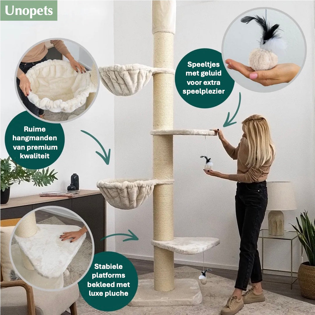 De kwaliteit van het materiaal dat gebruikt is voor het hangmandje, het speelballetje en het stabiele platform van de Felino krabpaal van Unopets online dierenwinkel 