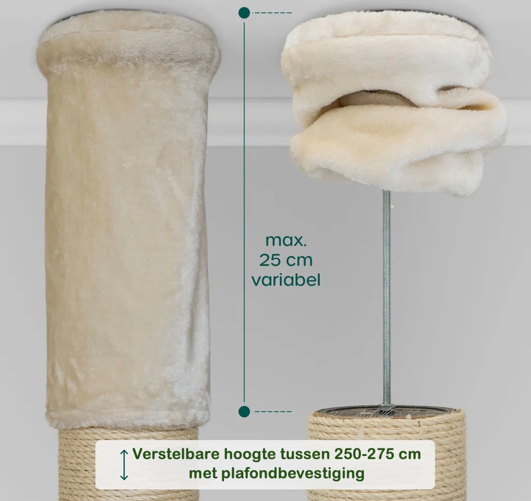 De verstelbare, max 25 cm stang van de Felino krabpaal om de krabtoren aan de plafond te bevestigen 