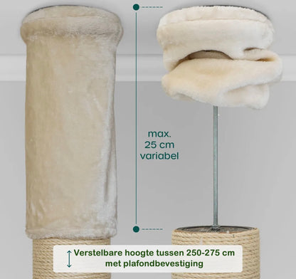 De verstelbare, max 25 cm stang van de Felino krabpaal om de krabtoren aan de plafond te bevestigen 