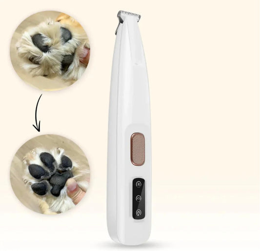 Verzorgingsapparaat voor honden met een hondenpootafdruk, ontworpen voor gebruik met een tondeuse voor efficiënt trimmen.