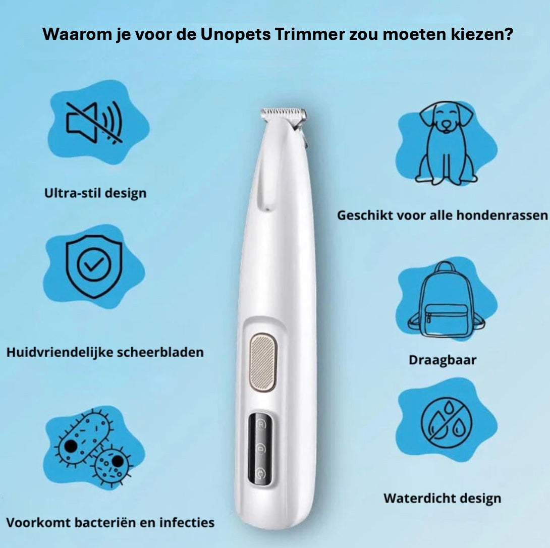 De Unopets Trimmer zorgt ervoor dat je hond er niet alleen op zijn best uitziet, maar ook comfortabel en pijnvrij door de dag komt. Voorkom gladde poten, vuilophoping en het ontstaan van bacteriën of infecties. Het stille, trillingsvrije ontwerp garandeert een stressvrije trimbeurt voor je hond.