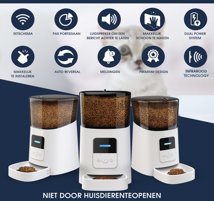 Slimme automatische voerbak voor katten en honden met 6 liter capaciteit. Ideaal voor drukke gezinnen met instelbare 15 maaltijden per dag. Bevat spraakopnamefunctie voor persoonlijke aanspraak. Gebruiksvriendelijke app voor het aanpassen van tot 50 porties per dag. Luchtdichte afsluiting voor vers voer, met noodbatterij voor voedselzekerheid. Smartfuncties werken op 2,4 GHz, geschikt voor droogvoer tot 15 mm. Afmetingen: 19,5x35,7x32,1 cm, gewicht: 2,1 kg. Geschikt voor alle huisdieren, inclusief kittens.